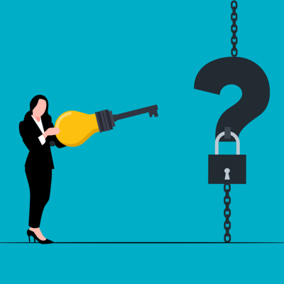 Clipart Frau mir sehr großem Schlüssel vor einem Fragezeichen mit Schloss für 8 Strategien für Employer Branding Clipart Frau mir sehr großem Schlüssel vor einem Fragezeichen mit Schloss für 8 Strategien für Employer Branding